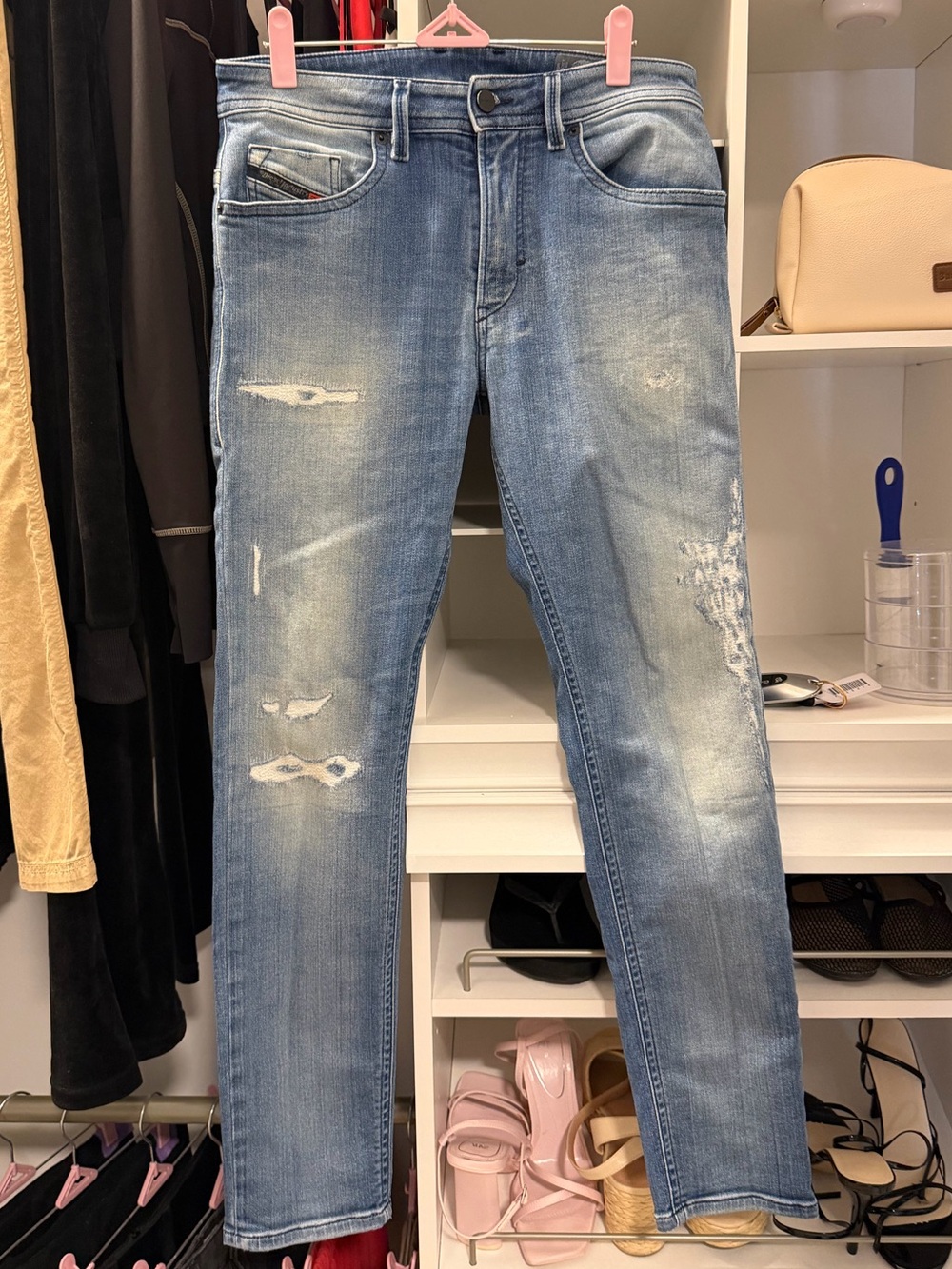 DIESEL Men's Light Blue Distressed Slim Jeans